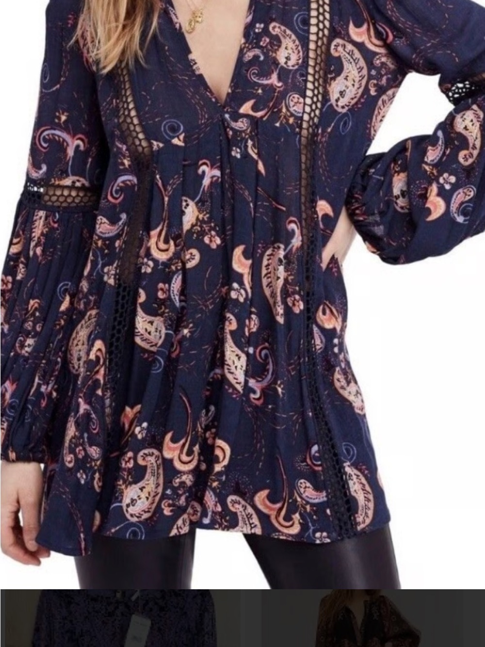 Free People Navy Paisley Crochet-Trim V-Neck Tunic